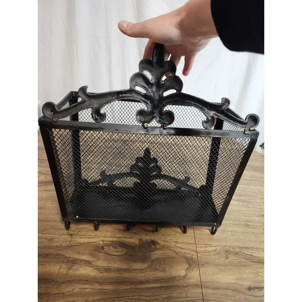 Vintage Black Hanging Wall Basket Storage Wrought Iron (?) Hooks Entry Way...